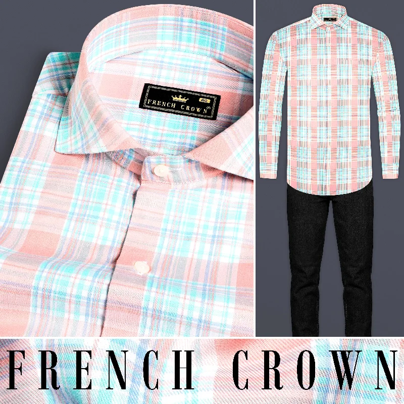 Blush Pink and Turquoise Blue Twill Plaid Premium Cotton Shirt Casual Men's Short