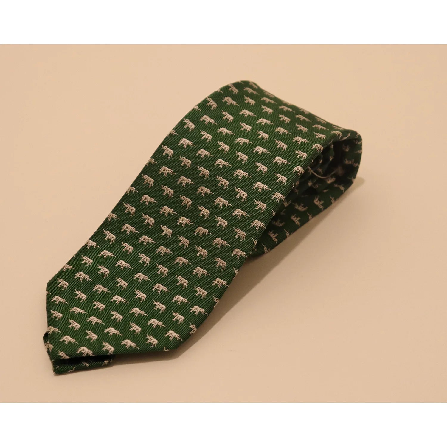 The Shirt Shop Tie - Green Mini Elephants Trunks Up Polished Men's Satin