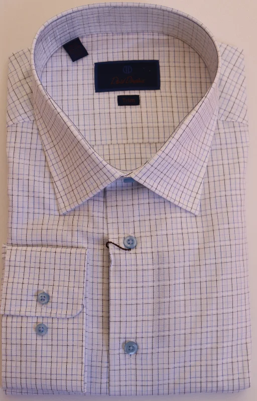 David Donahue Dress Shirt - White/Navy/Light Blue Tattersall (Trim) Polished Men's Silk