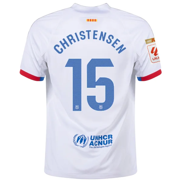 Nike Barcelona Andreas Christensen Away Jersey w/ La Liga Champions Patches 23/24 (White/Royal Blue)