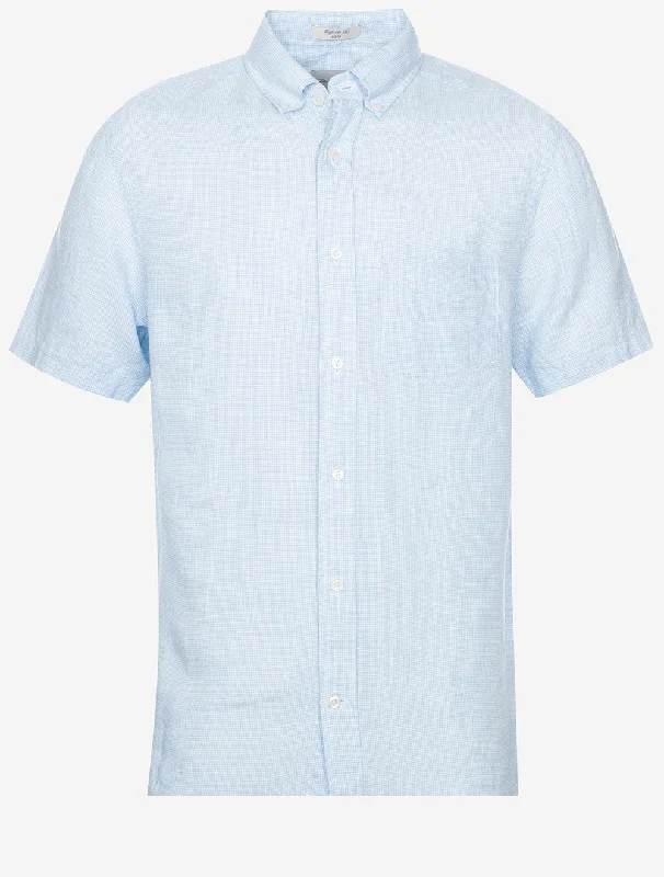 Regular Linen Houndstooth Short Sleeve Shirt Capri Blue Refined Men's Hand