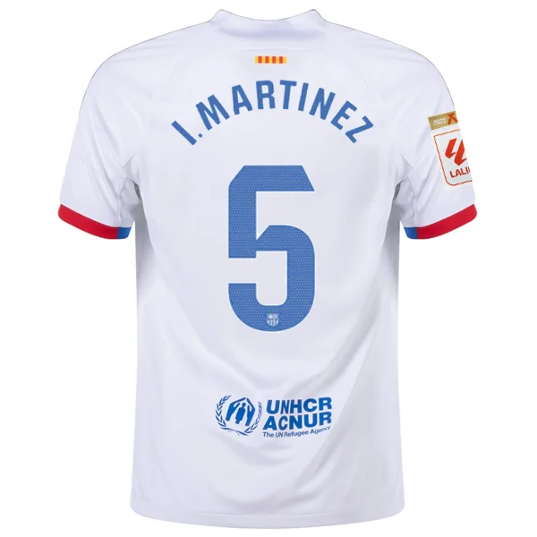 Nike Barcelona Iñigo Martinez Away Jersey w/ La Liga Champions Patches 23/24 (White/Royal Blue)