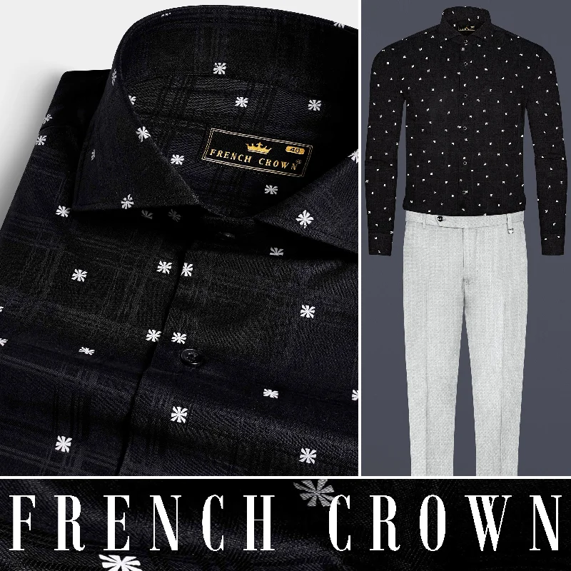 Jade Black and White Subtle Checkered Dobby Textured Premium Giza Cotton Shirt Cozy Men's Sherpa