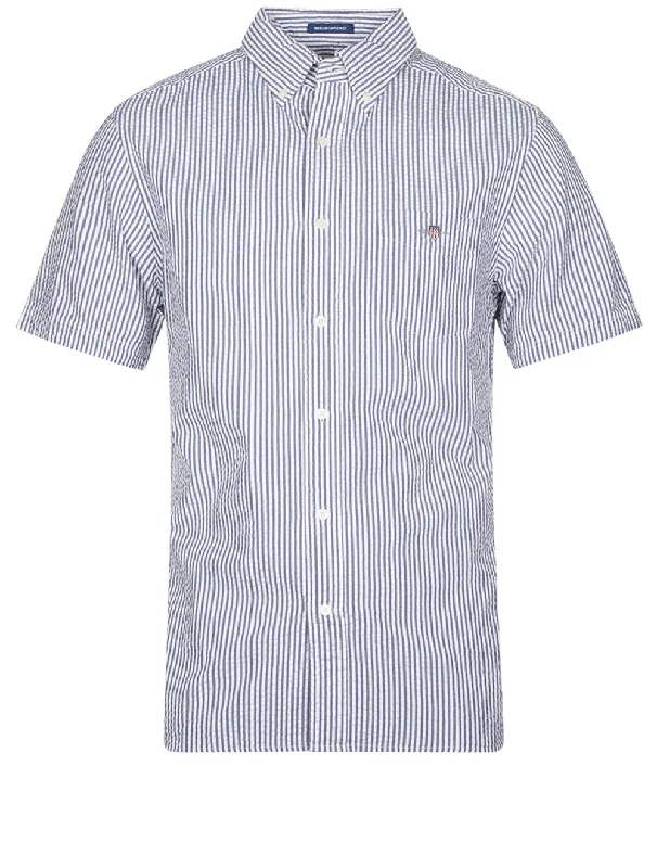 Regular Seersucker Short Sleeve Shirt Evening Blue Practical Men's Quick