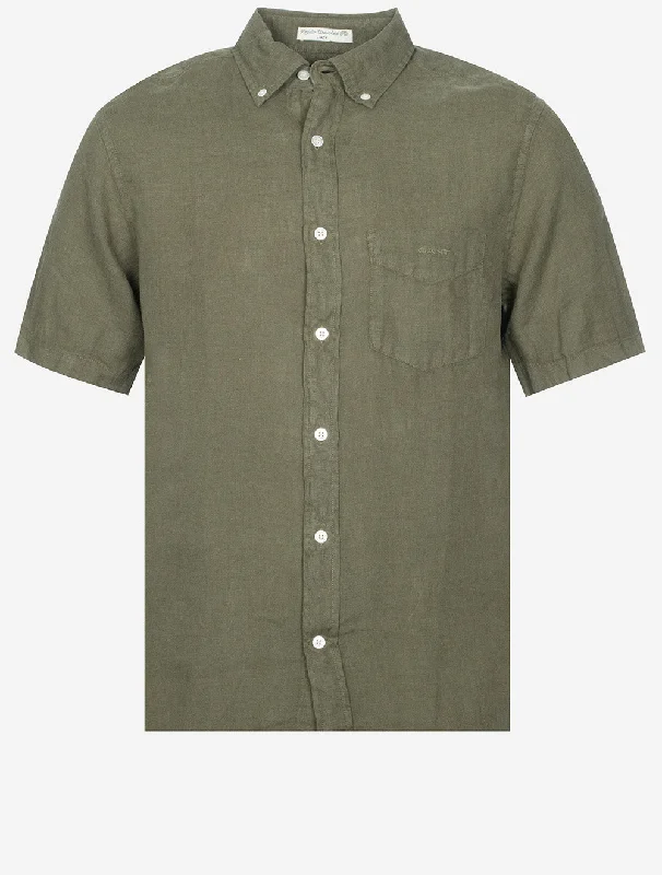 Regular Fit Garment Dyed Linen Short Sleeve Shirt Juniper Green Elegant Men's Cashmere