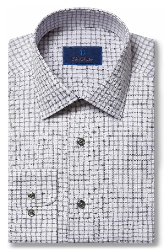 David Donahue Dress Shirt - White/Gray Herringbone Check (Regular) Vintage Men's 1970S Disco
