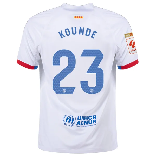 Nike Barcelona Jules Kounde Away Jersey w/ La Liga Champions Patches 23/24 (White/Royal Blue)