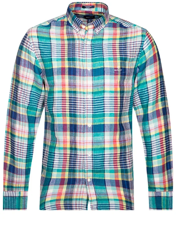 Regular Colorful Linen Madras Button Down Aqua Green Casual Men's Japanese 