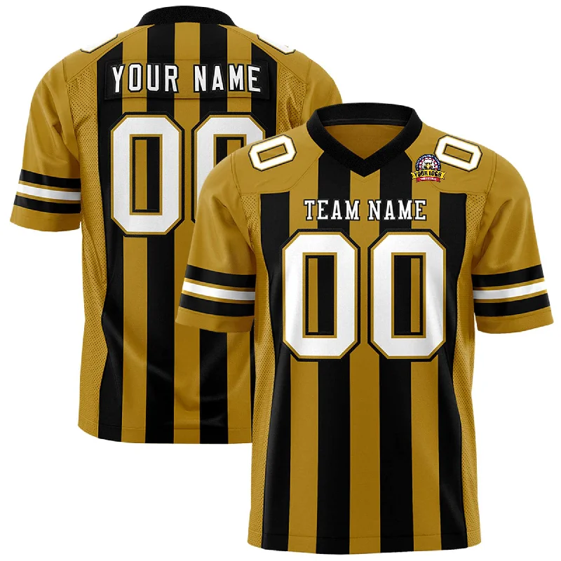 Custom Old Gold Black Personalized Thick Stripe Design Authentic Football Jersey