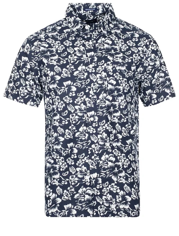 Regular Floral Cotton Linen Short Sleeve Shirt Marine Unique Men's Upcycled