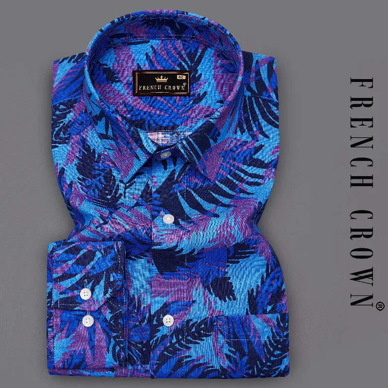 Crystal Blue with Fuchsia Purple Leaves Printed Premium Cotton Shirt Street