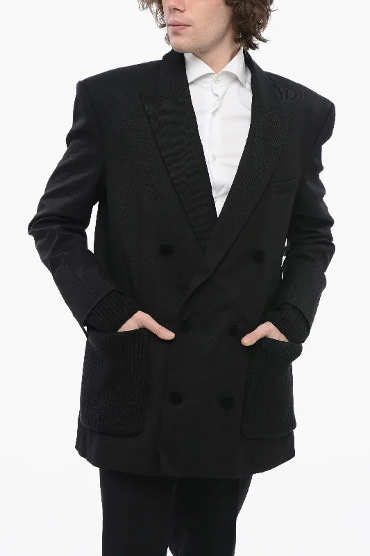 Balmain Double-Breasted Twill Wool Blazer With Knitted Pockets And C