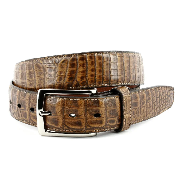Torino 35MM Pecan Burnished Caiman w/ Polished Nickel Buckle Belt Beach