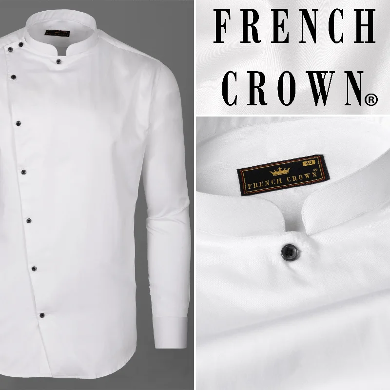 Bright White Subtle Sheen Cross Placket Bandhgala Super Soft Premium Cotton Shirt Bold Men's Statement