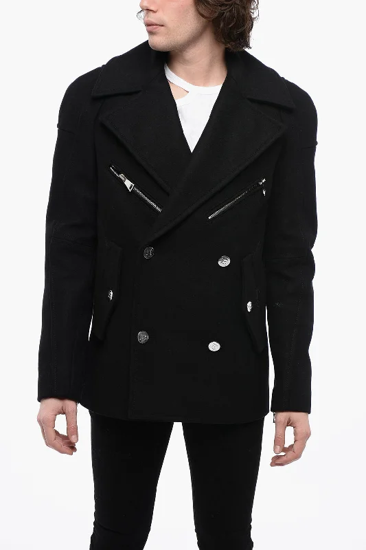 Balmain Double-Breasted Virgin Wool Blend Coat With Logoed Buttons