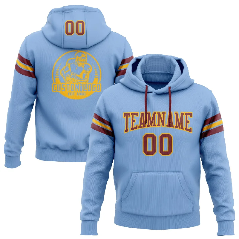 Custom Stitched Light Blue Burgundy-Gold Football Pullover Sweatshirt Hoodie