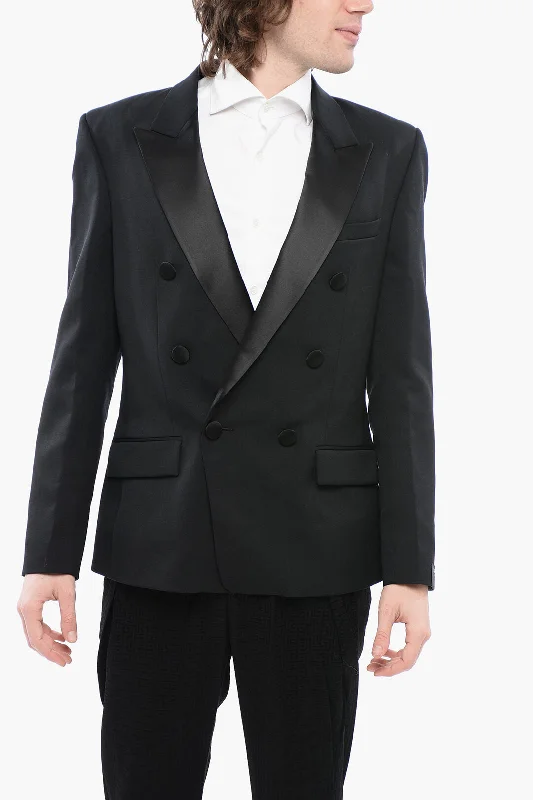 Balmain Double-Breasted Stretch Wool Blazer With Satin Lapel