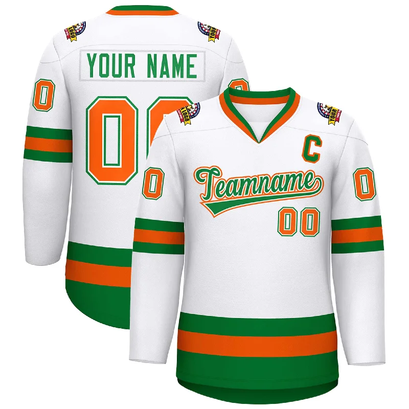 Custom White Kelly Green White-Orange Classic Style Hockey Jersey