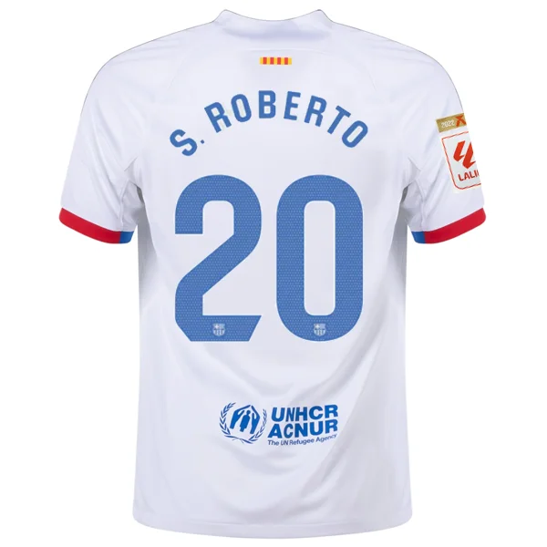 Nike Barcelona Sergi Roberto Away Jersey w/ La Liga Champions Patches 23/24 (White/Royal Blue)