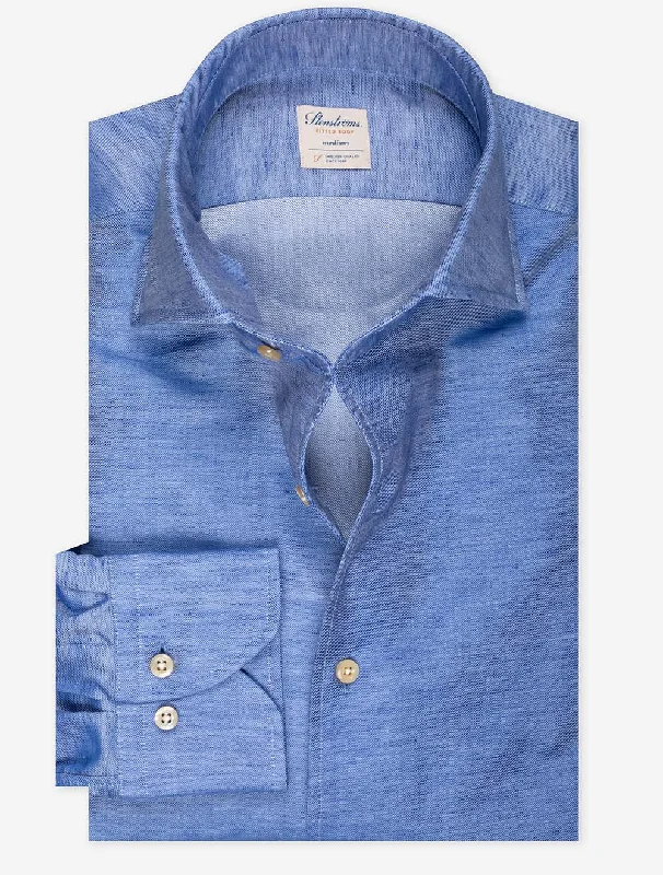 Blue Cotton Linen Blend Fitted Shirt Rugged Men's Outdoor 