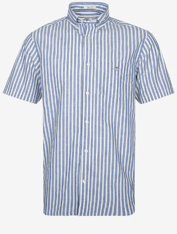 Regular Cotton Linen Stripe Short Sleeve Shirt Rich Blue Masculine Men's 