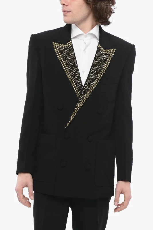 Balmain Double-Breasted Viscose Blazer With Studded Peak Lapel