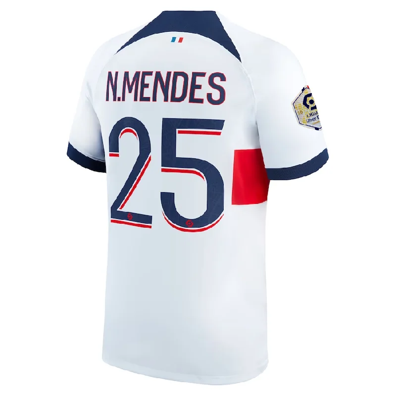 Nike Paris Saint-Germain Nuno Mendes Away Jersey w/ Ligue 1 Patch 23/24 (White/Midnight Navy)