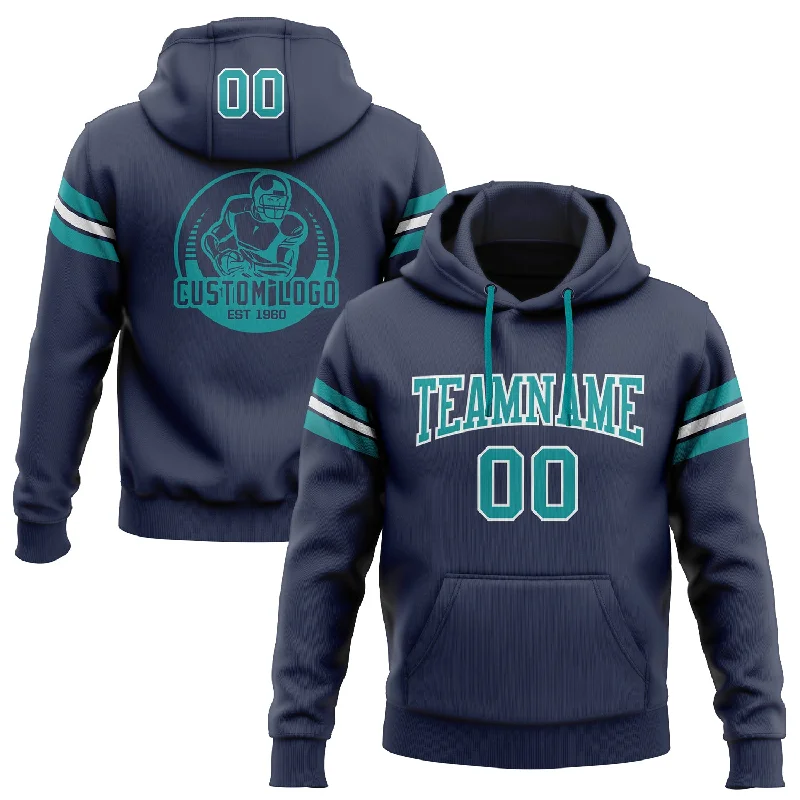 Custom Stitched Navy Teal-White Football Pullover Sweatshirt Hoodie