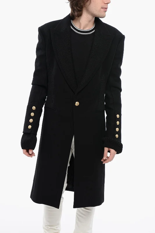 Balmain Virgin Wool Blend Coat With Ribbed Knitted Details