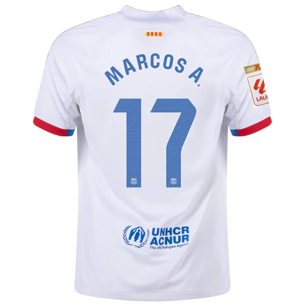 Nike Barcelona Marcos Alonso Away Jersey w/ La Liga Champions Patches 23/24 (White/Royal Blue)