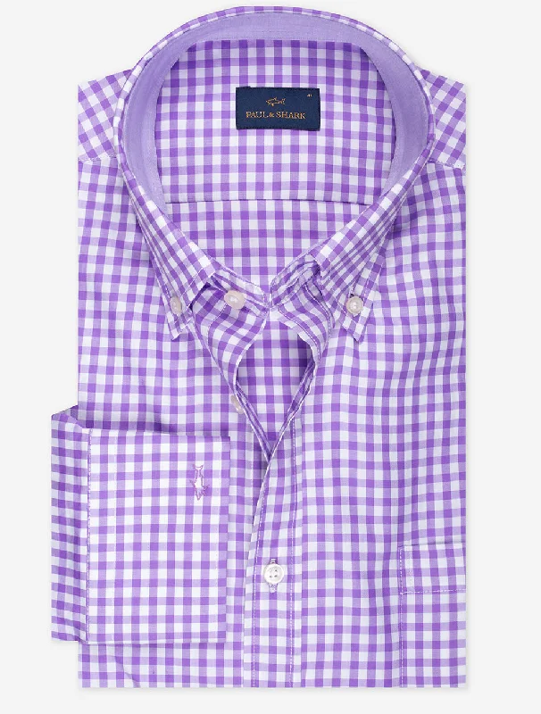 Gingham Cotton Twill Shirt Purple Masculine Men's 
