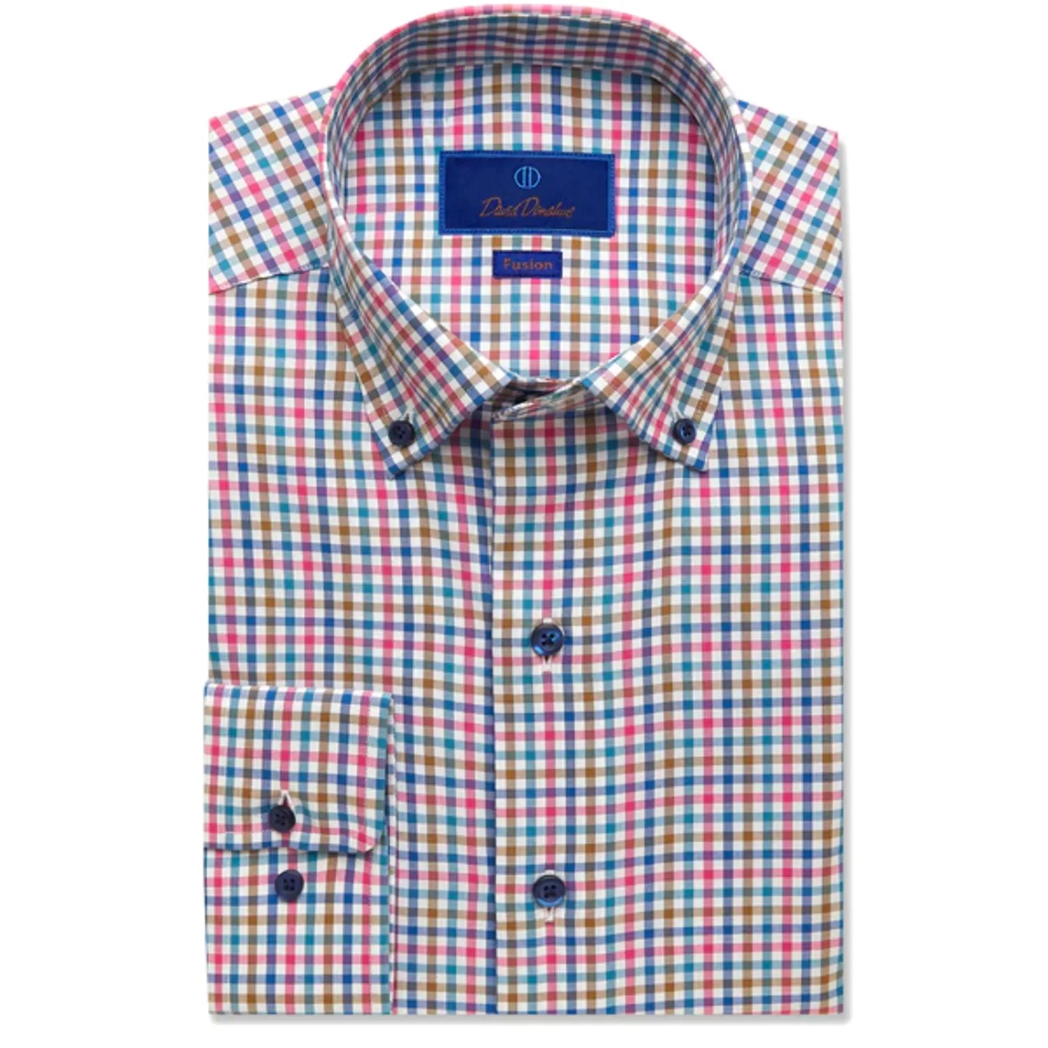 David Donahue Fusion Shirt - Pink and Chocolate Tattersall Unique Men's Patch