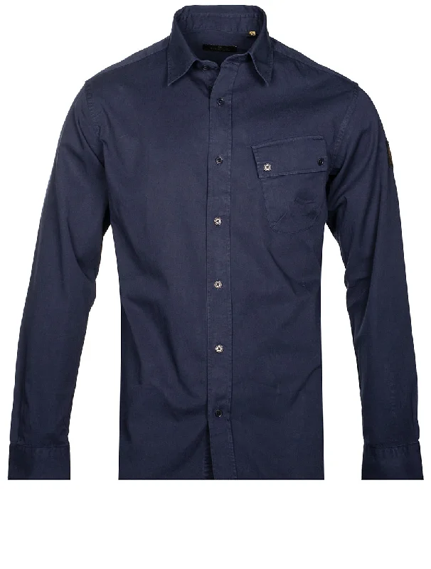 Cotton Twill Pitch Shirt Deep Navy Polished Men's Satin