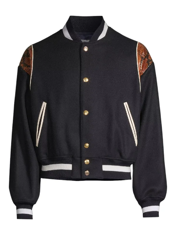 Bally 6305032 Men's Navy Wool-Blend Snakeskin-Embossed Bomber Jacket