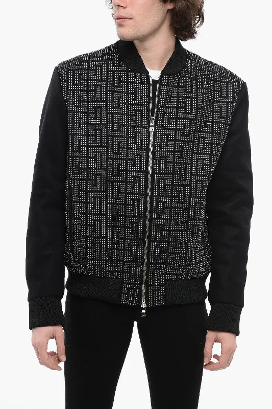 Balmain Wool Blend Bomber Jacket With Rhinestoned Monogram Pattern