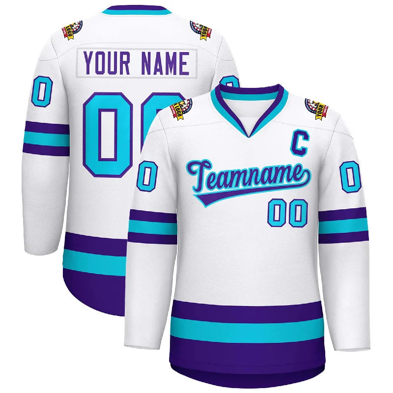 Custom White Purple-Powder Blue Classic Style Hockey Jersey