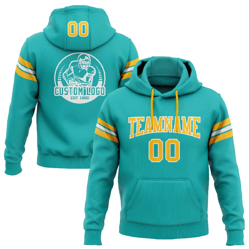 Custom Stitched Aqua Gold-White Football Pullover Sweatshirt Hoodie