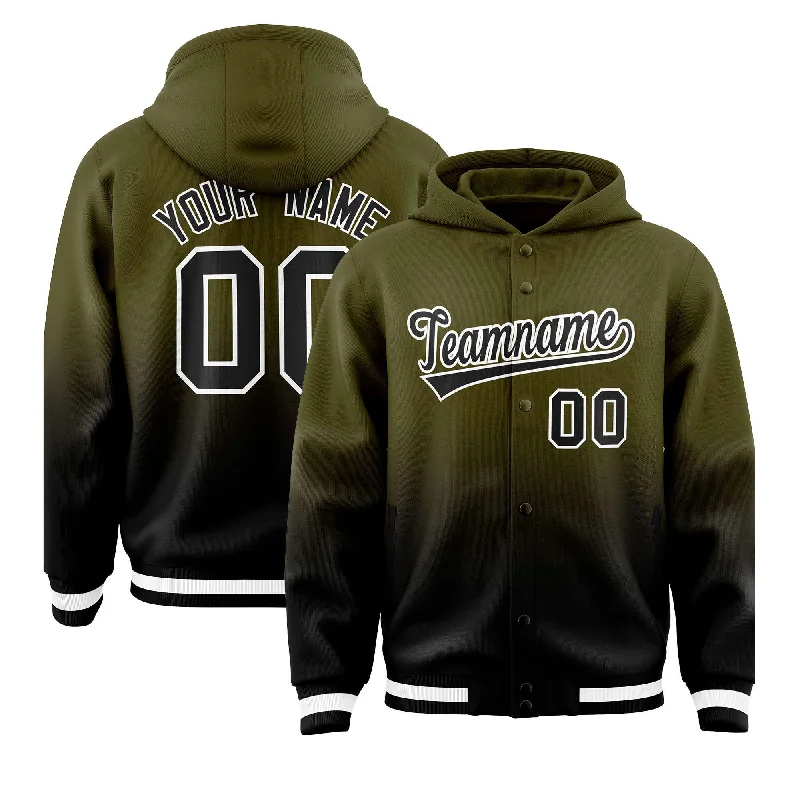 Custom Olive Black Varsity Full-Snap Letterman Gradient Jacket Hoodie