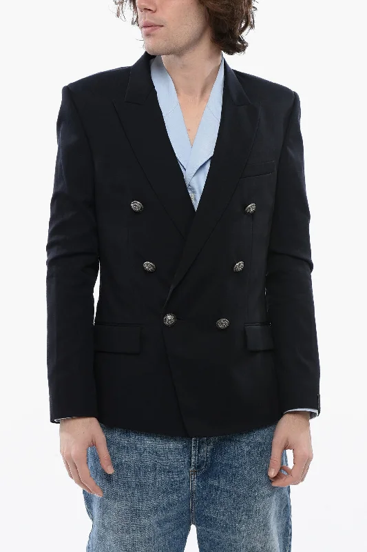 Balmain Double-Breasted Cotton Blend Blazer With Peak Lapel