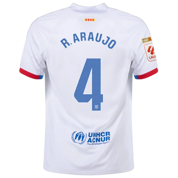 Nike Barcelona Ronald Araujo Away Jersey w/ La Liga Champions Patches 23/24 (White/Royal Blue)