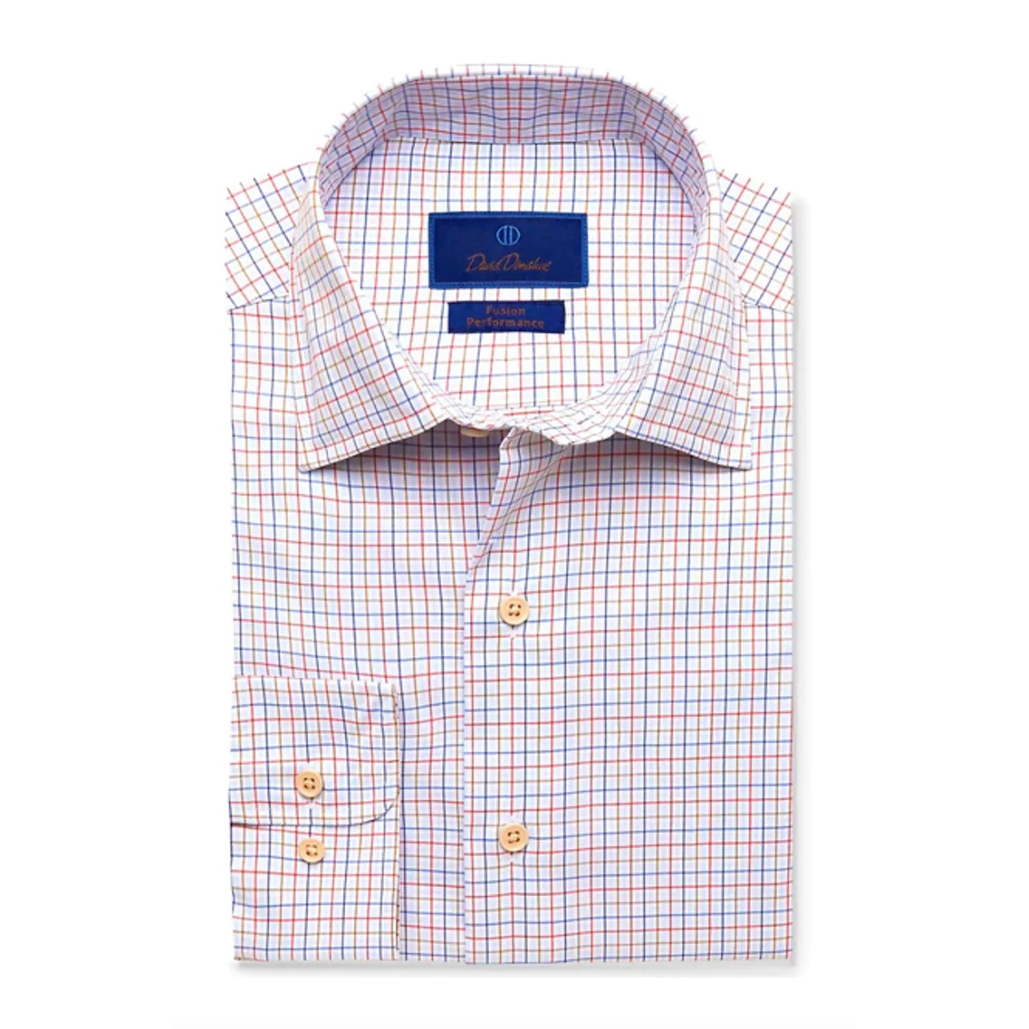 David Donahue Performance Fusion Shirt (Blue/Tan Check) Youthful Men's Pop