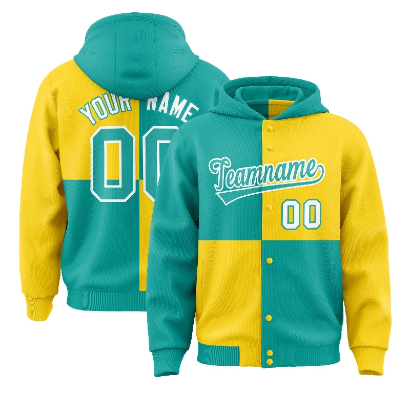 Custom Aqua Gold Varsity Full-Snap Four Squares Color Block Letterman Jacket Hoodie