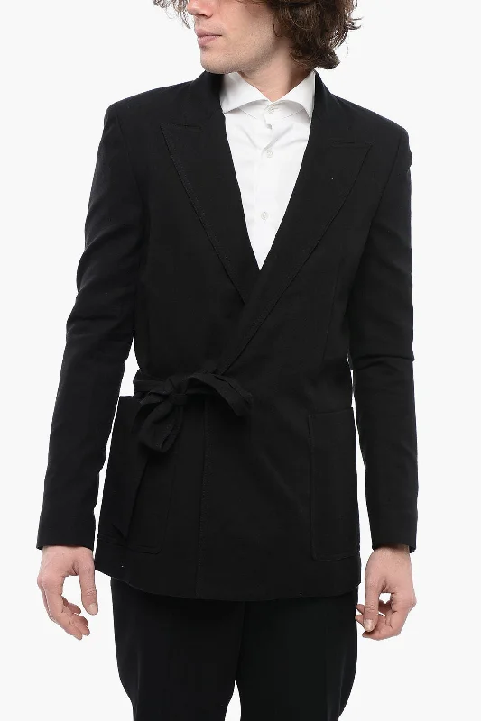 Balmain Wrap Designed Cotton Blend Blazer With Peak Lapel