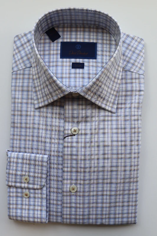 David Donahue Blue/Brown Dress Shirt (Trim Fit) Trendy Men's Bucket