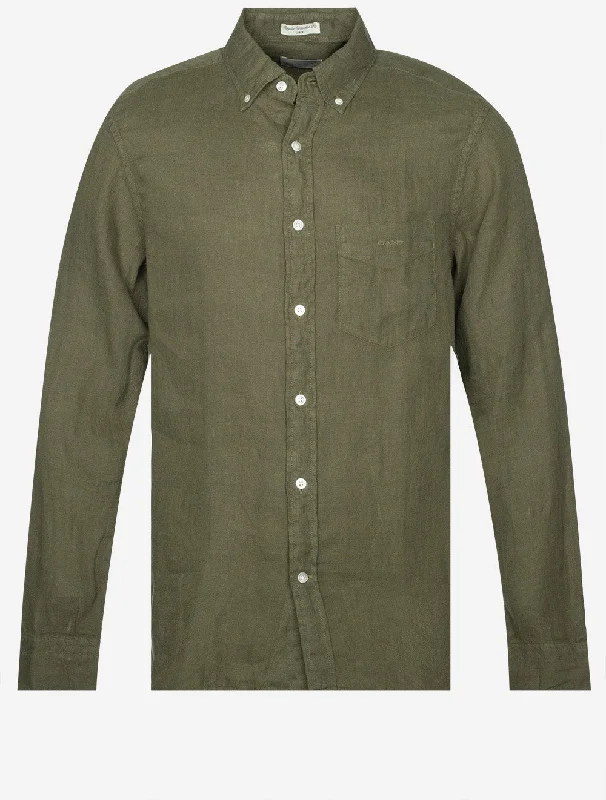 Regular Fit Garment Dyed Linen Shirt Juniper Green Edgy Men's Punk