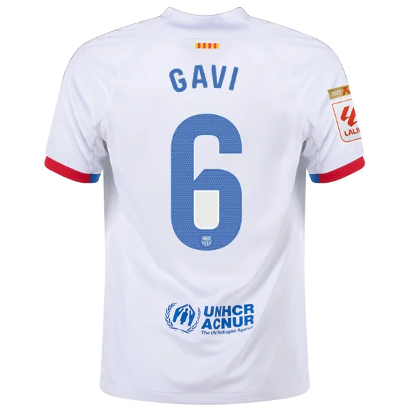 Nike Barcelona Gavi Away Jersey w/ La Liga Champions Patches 23/24 (White/Royal Blue)