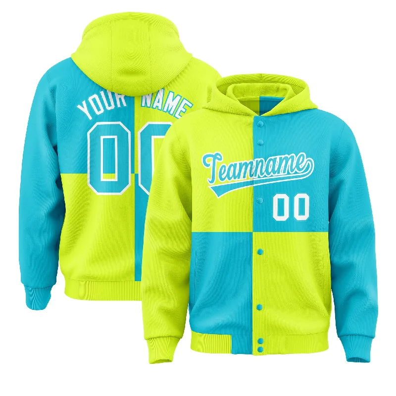 Custom Green Sky Blue Varsity Full-Snap Four Squares Color Block Letterman Jacket Hoodie