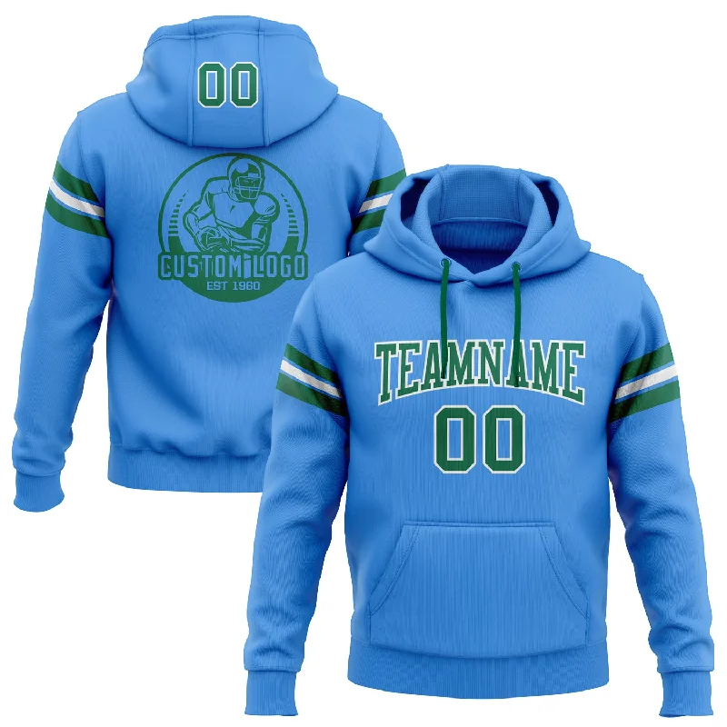 Custom Stitched Powder Blue Kelly Green-White Football Pullover Sweatshirt Hoodie