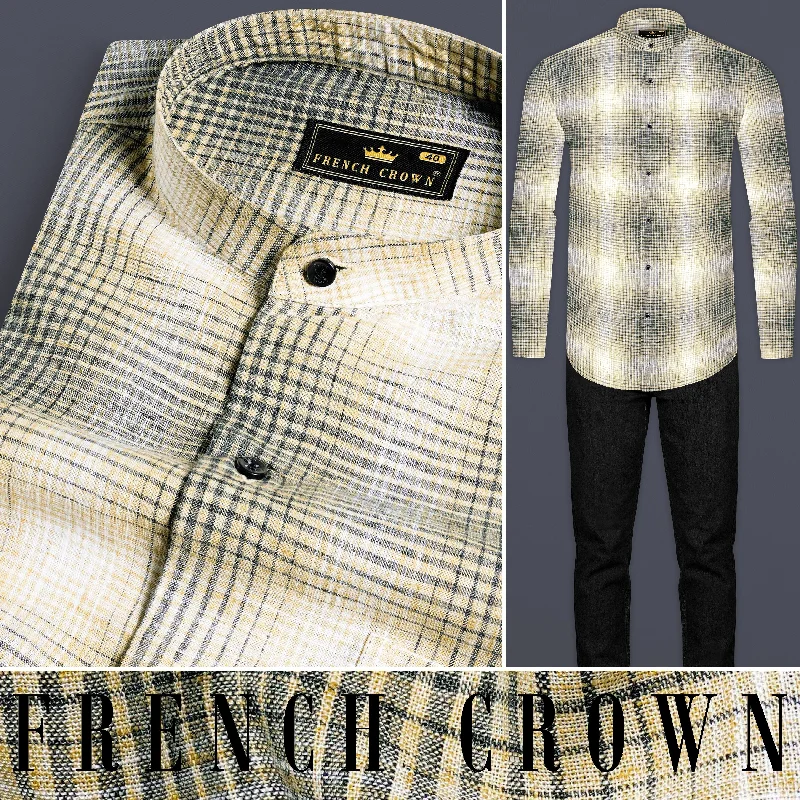 Chalky Brown and White Checkered Luxurious Linen Shirt Artistic Men's Hand