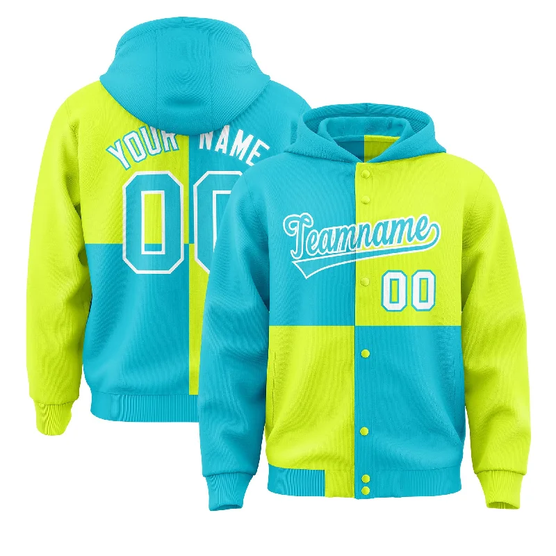 Custom Sky Blue Green Varsity Full-Snap Four Squares Color Block Letterman Jacket Hoodie